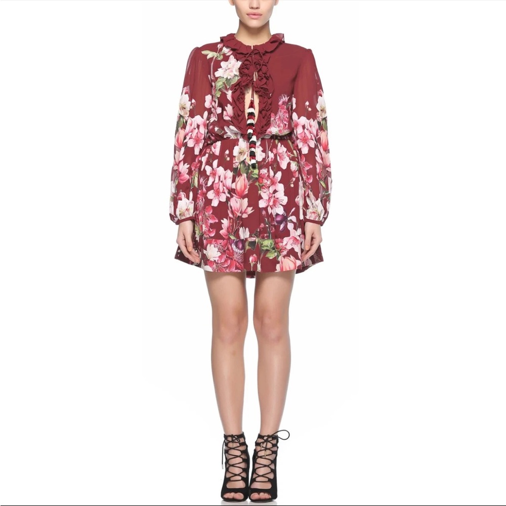 ROCOCO SAND Claret Silk Floral Patch Embroidered Dress Wedding Guest